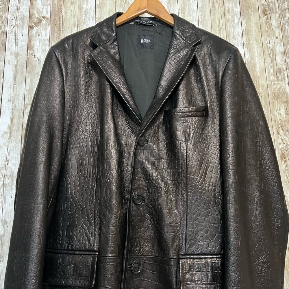Boss Hugo Boss Leather Crocodile Pattern Brown Blazer - Picture 3 of 12